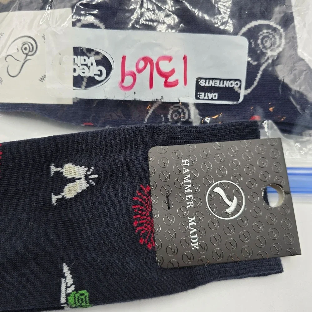 Hammer Made Men's Crew Socks Festive Pattern Navy Blue Cotton‎ Blend New